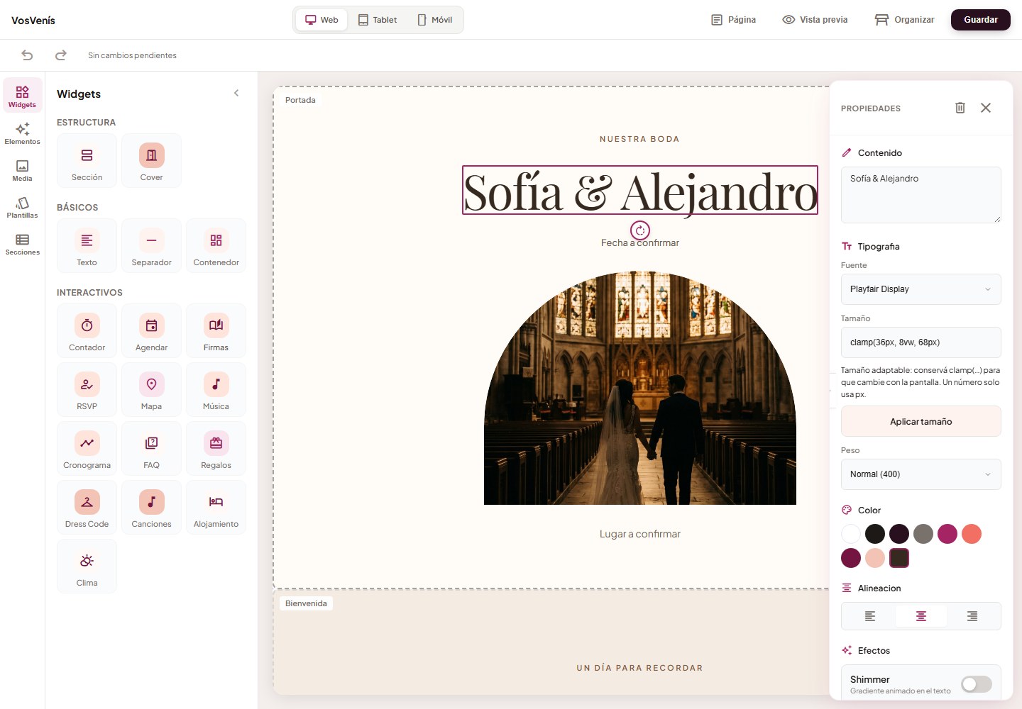 Editor visual de VosVenís mostrando una invitación de boda mientras se personaliza